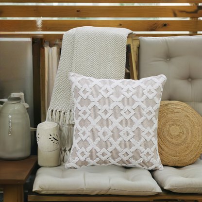 Decorative beige accent throw pillow 20x20 with white geometric lattice pattern on Tampa Home & Garden Store