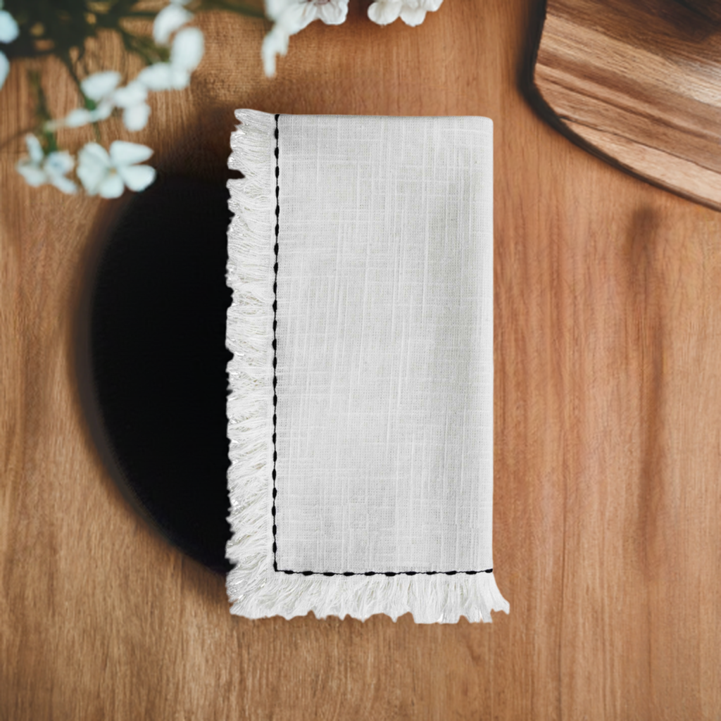 Vibhsa cotton table napkins set of 4, white with black embroidery border and fringe on Tampa Home & Garden Store