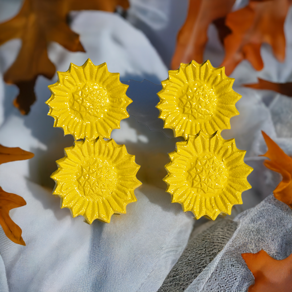 Vibhsa Yellow Sunflower Napkin Rings set of 4, handcrafted aluminum dining decor on Tampa Home & Garden Store