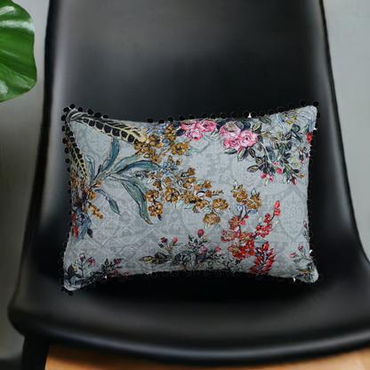 Vibhsa hand illustrated 14x20 decorative pillow floral print with black pom-pom trim on Tampa Home & Garden Store