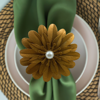 Vibhsa gold floral napkin rings set of 4 with pearl centers for handcrafted dining decor on Tampa Home & Garden Store