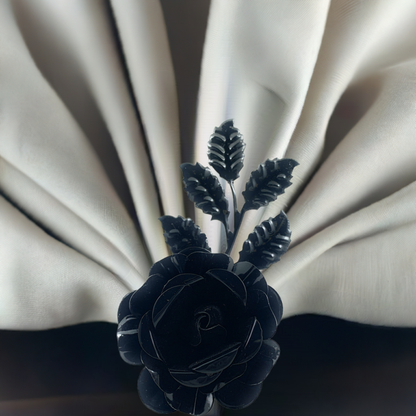 Vibhsa Black Rose Napkin Rings set of 4 handcrafted with metal petals and leaves on napkins on Tampa Home & Garden Store