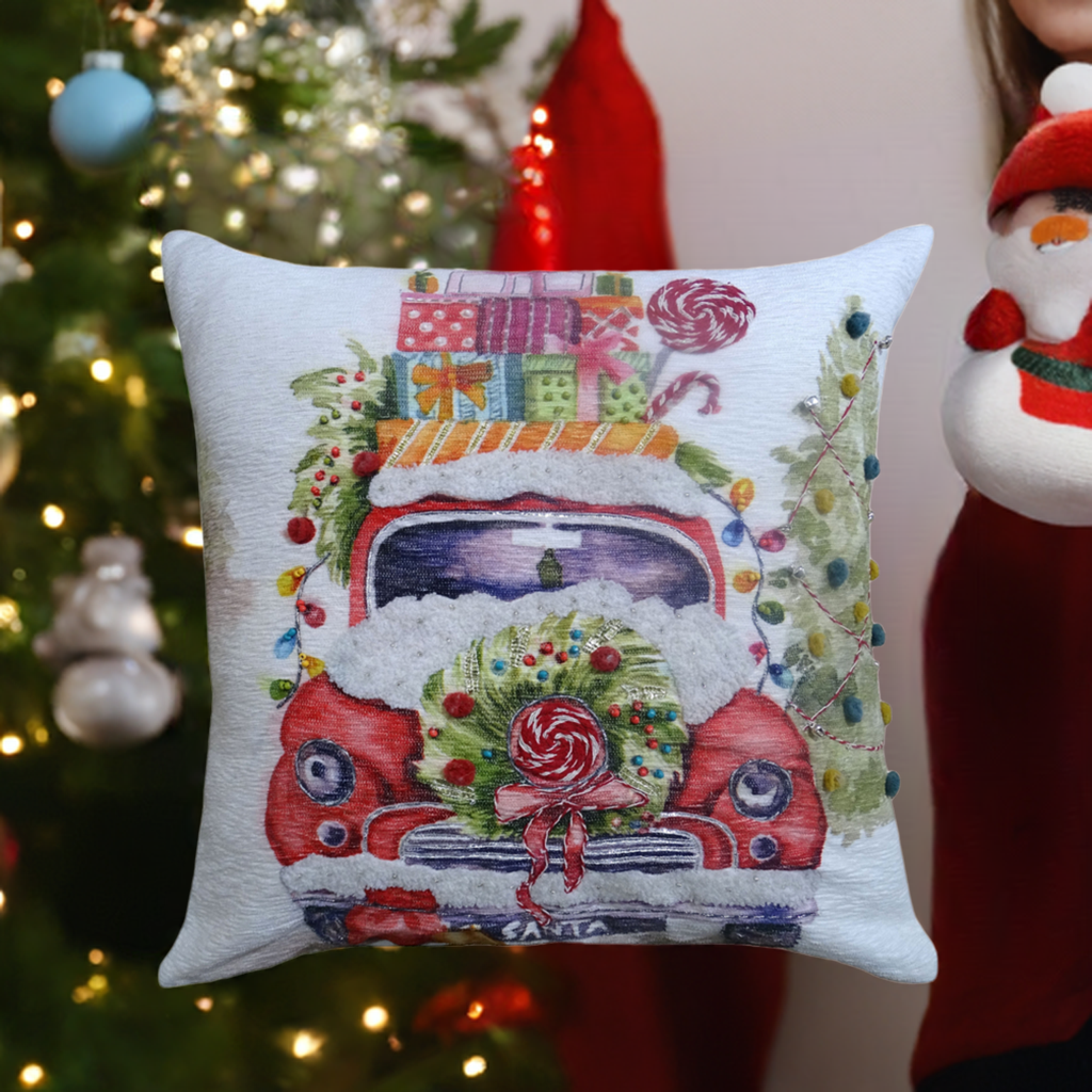 Vibhsa Christmas embroidered throw pillow 20x20 with red truck carrying gifts and wreath on Tampa Home & Garden Store