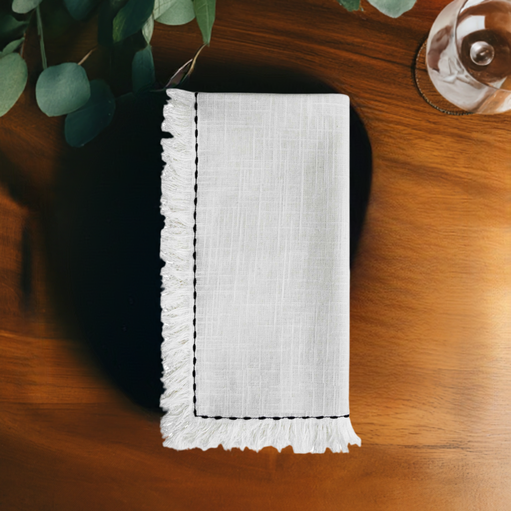Vibhsa cotton table napkins set of 4, white with black embroidery border and fringe, 20x20 on Tampa Home & Garden Store