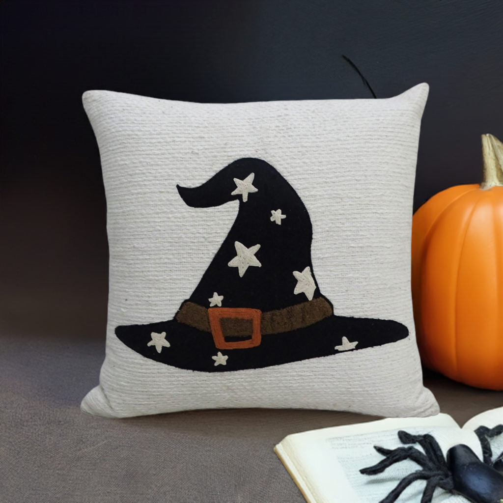 Vibhsa Halloween Throw Pillow 20x20 white textured fabric with black witch hat and stars on Tampa Home & Garden Store