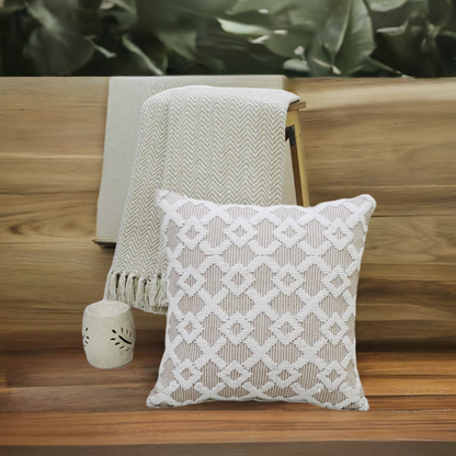 Decorative Beige Accent Throw Pillow 20x20 by Vibhsa with a woven geometric lattice pattern on Tampa Home & Garden Store