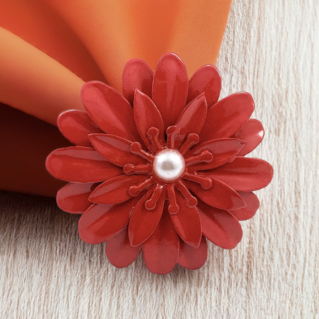 Red floral napkin rings with pearl center, set of 4, handcrafted Vibhsa dining decor on Tampa Home & Garden Store