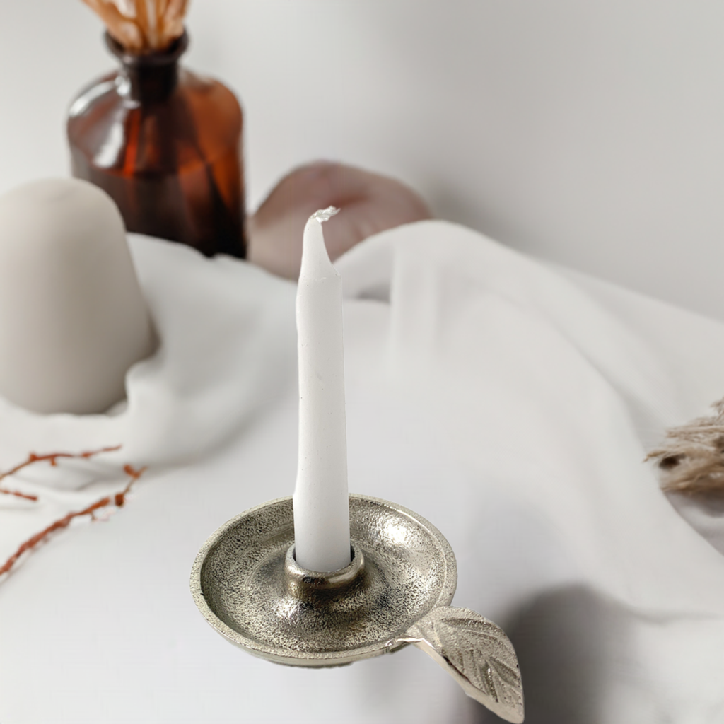 Vibhsa taper candlestick holder dish in silver finish with leaf handle aluminum, white candle on Tampa Home & Garden Store
