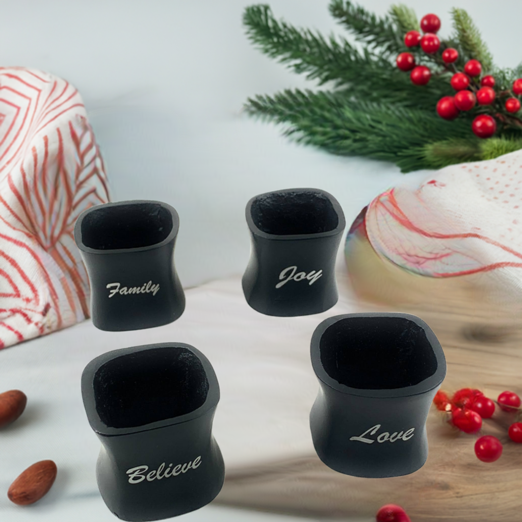 Vibhsa Christmas Napkin Rings set of 4 in black with script words Family Joy Believe Love on Tampa Home & Garden Store