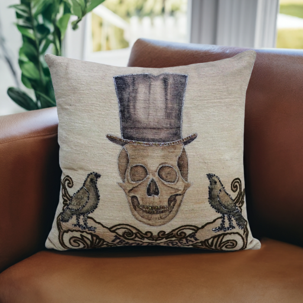 Vibhsa Halloween Embroidered Throw Pillow 20x20 beige skull with top hat, ravens accent on Tampa Home & Garden Store