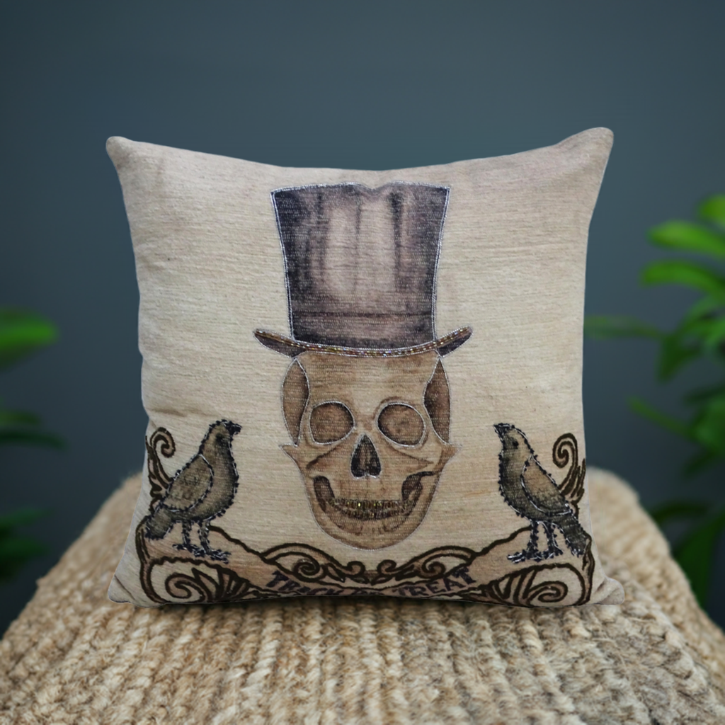 Vibhsa Halloween embroidered throw pillow beige with skull wearing top hat and ravens motif on Tampa Home & Garden Store