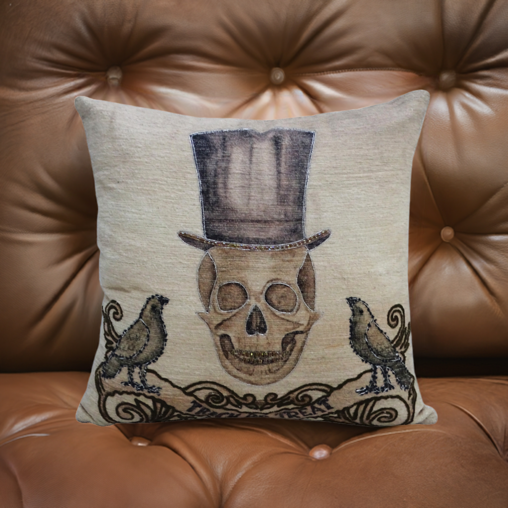 Vibhsa Halloween embroidered throw pillow 20x20 in beige skull and top hat, two ravens on Tampa Home & Garden Store