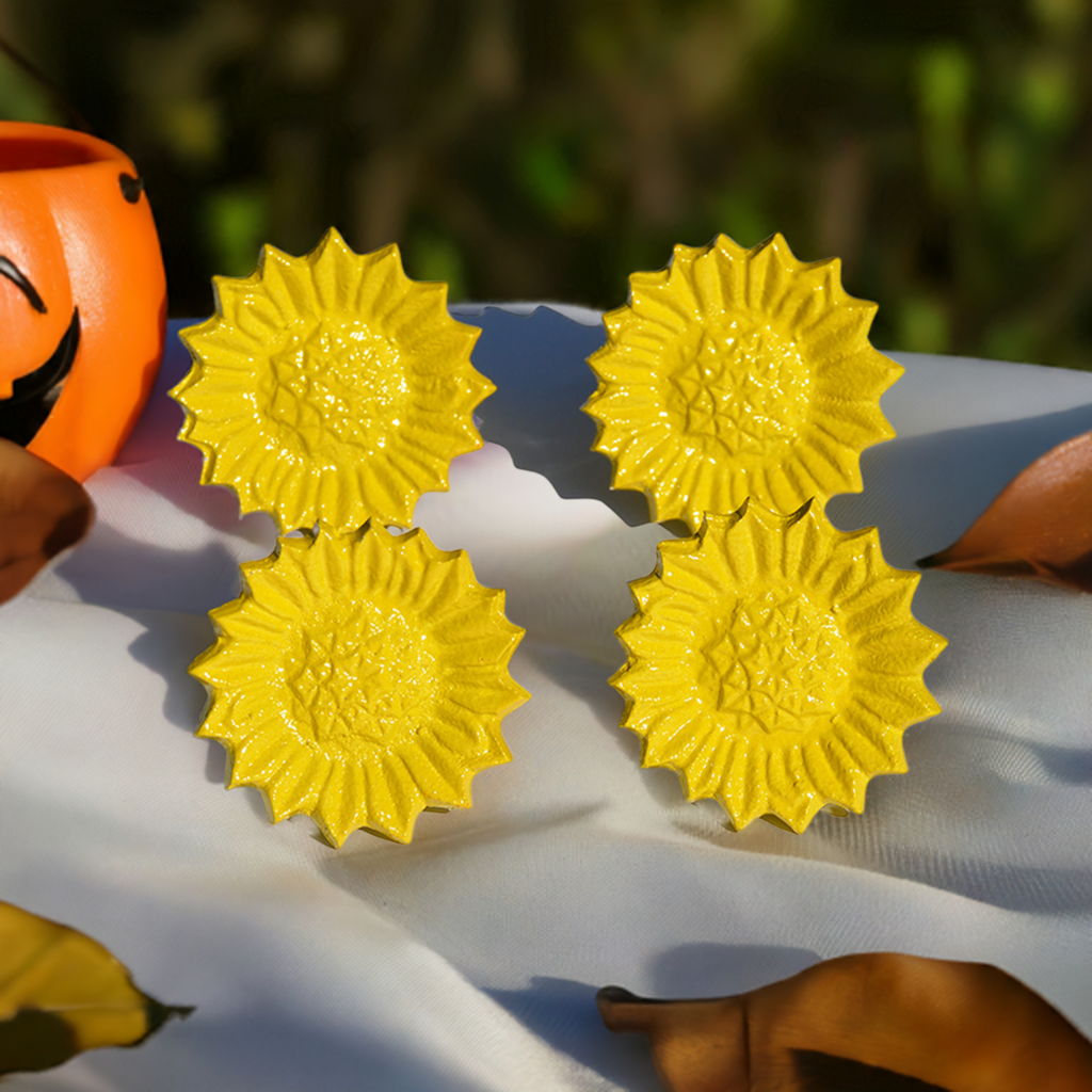 Vibhsa Yellow Sunflower Napkin Ring Set of 4 handcrafted aluminum for dining decor on Tampa Home & Garden Store