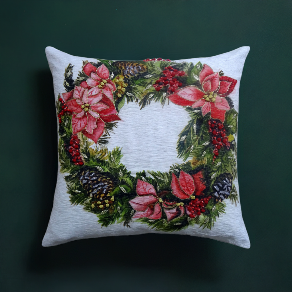 Vibhsa Christmas wreath throw pillow 20x20 with red poinsettias on white background on Tampa Home & Garden Store