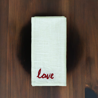 Vibhsa cotton table napkins set of 4, white with red embroidery love at corner, 20x20 on Tampa Home & Garden Store