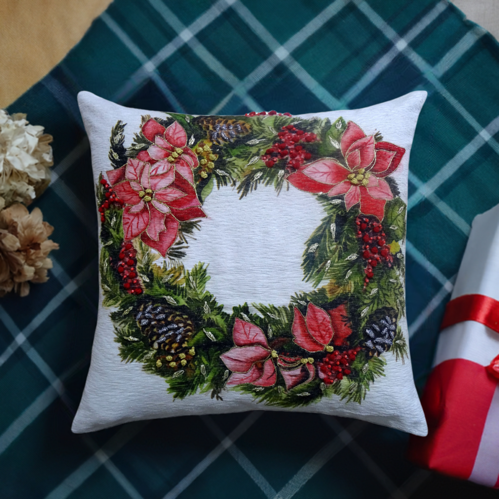 Vibhsa throw pillow 20x20 white cover with Christmas wreath print on Tampa Home & Garden Store