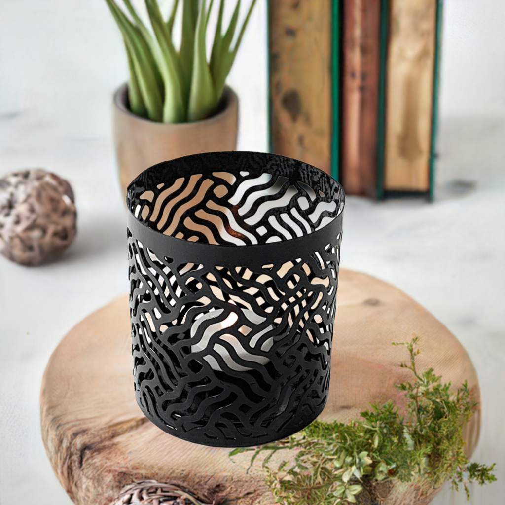 Vibhsa votive candle holders set of 2, black laser-cut with intricate wave pattern on Tampa Home & Garden Store