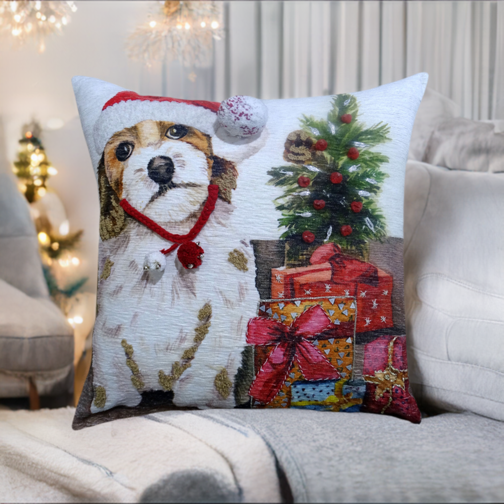 Throw Pillow Vibhsa Christmas decorative 20x20 fabric print with beagle and tree on Tampa Home & Garden Store