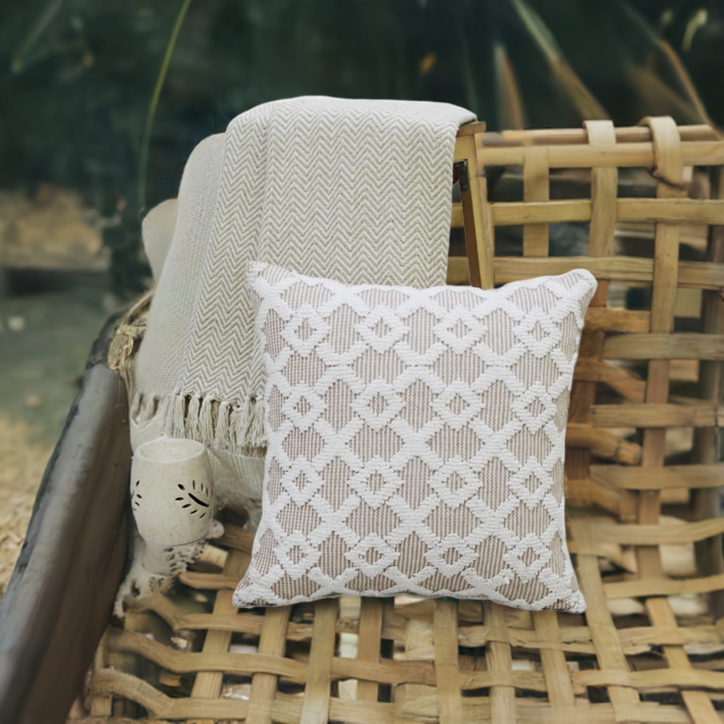 Vibhsa decorative beige accent throw pillow 20x20 with geometric lattice pattern on Tampa Home & Garden Store