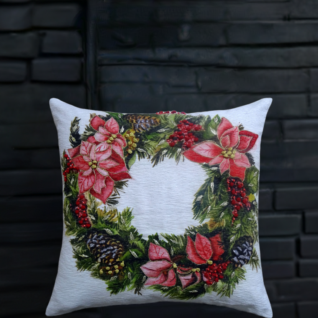 Vibhsa Christmas wreath decorative throw pillow 20x20 with red poinsettias and holly border on Tampa Home & Garden Store