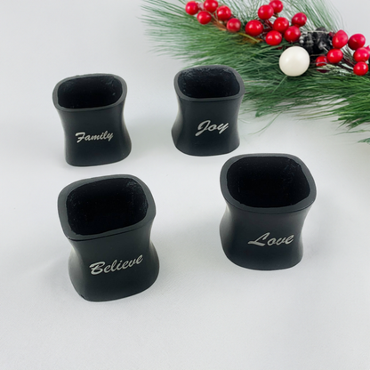 Napkin Rings by Vibhsa Christmas set of 4, black with white script words Family Joy Believe Love on Tampa Home & Garden Store