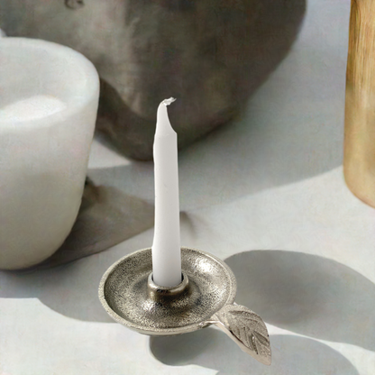 Vibhsa Taper Candlestick Holder Dish, silver finish, leaf handle, handcrafted aluminum on Tampa Home & Garden Store