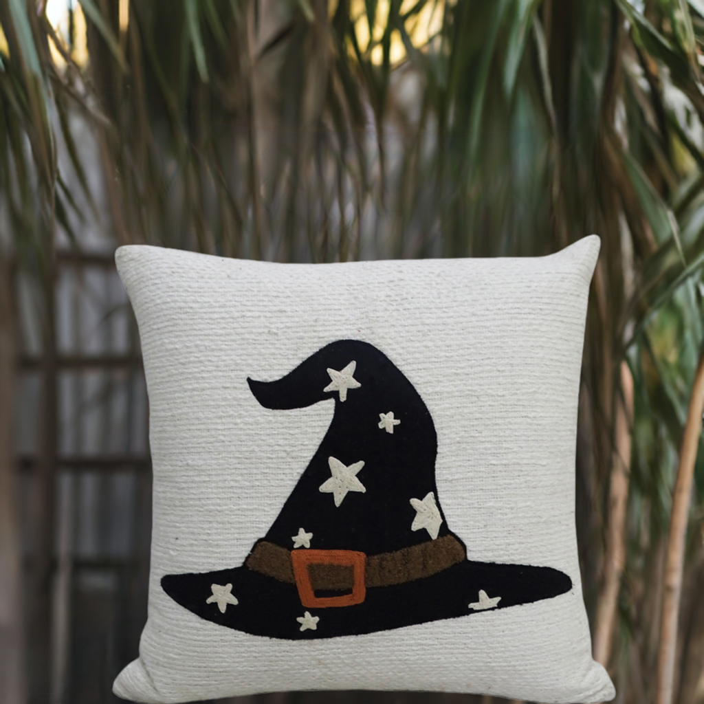 Vibhsa Halloween decorative throw pillow white textured cover with black starry witch hat on Tampa Home & Garden Store