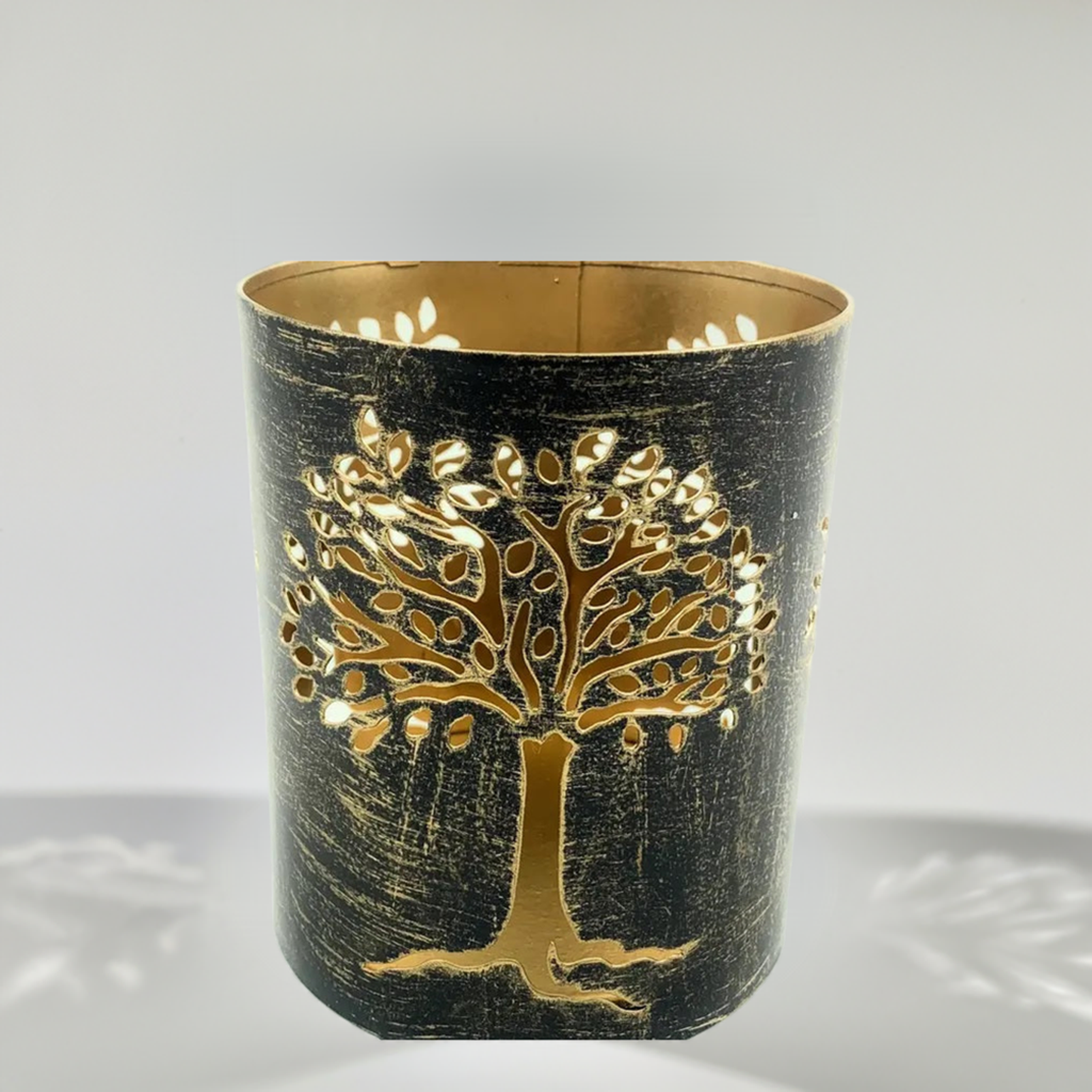 Vibhsa Tree Votive Candle Holder with laser-cut gold tree on black rustic finish on Tampa Home & Garden Store