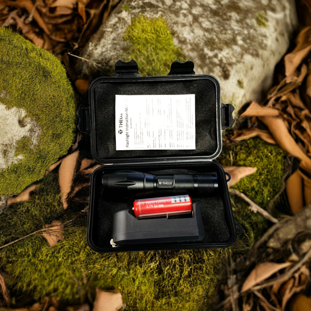 THEUS Rechargeable Flashlight Kit in black case with red 3.7V Li-ion battery and charger on Tampa Home & Garden Store