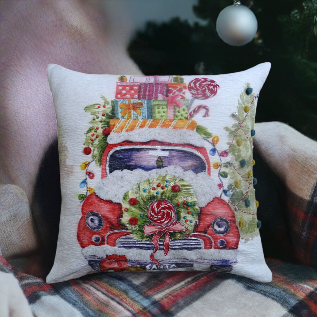 Vibhsa Christmas Embroidered Throw Pillow 20x20 white fabric with red truck and wreath design on Tampa Home & Garden Store