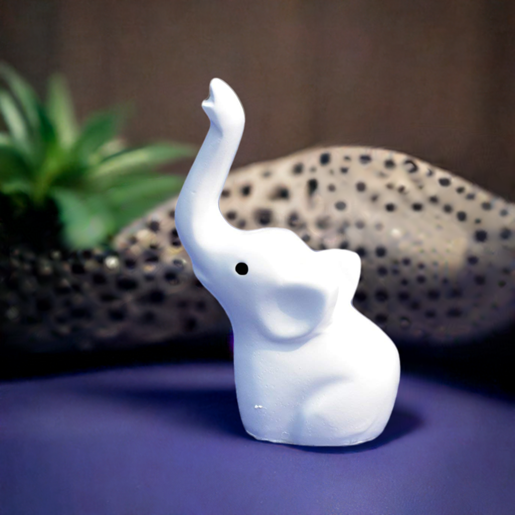 Vibhsa Baby Elephant Ring Holder jewelry organizer, white ceramic elephant with raised trunk on Tampa Home & Garden Store