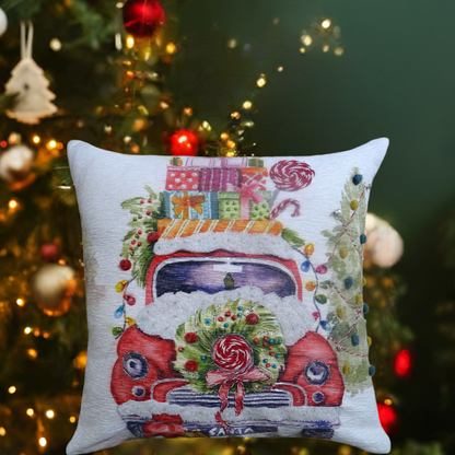 Vibhsa Christmas Embroidered Throw Pillow 20x20 white with red vintage truck and gift wreath on Tampa Home & Garden Store