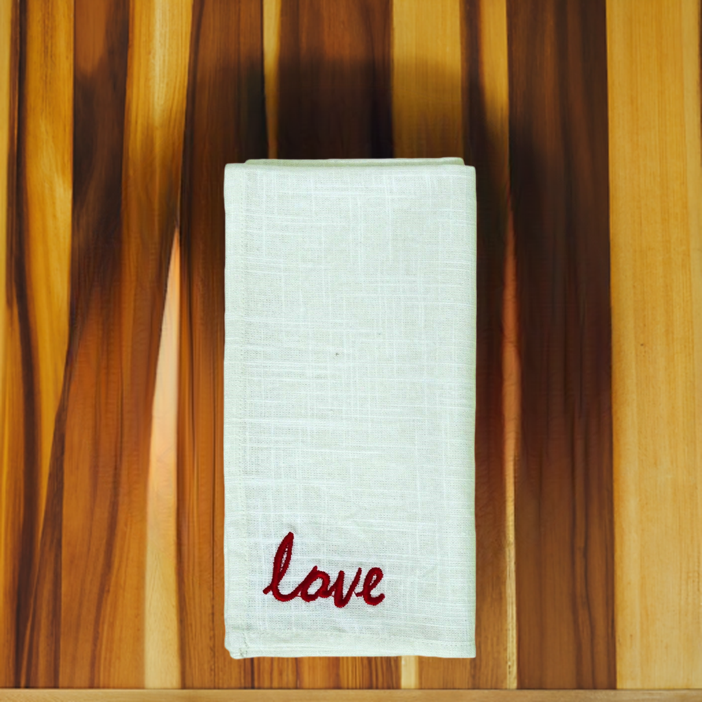 Vibhsa cotton table napkins set of 4, white fabric with red embroidery reading love on Tampa Home & Garden Store