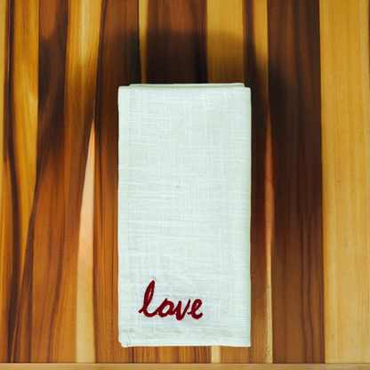 Vibhsa cotton table napkins set of 4, white fabric with red embroidery reading love on Tampa Home & Garden Store