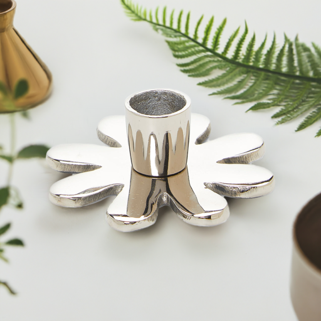 Vibhsa decorative silver flower candle holder handcrafted in aluminum on Tampa Home & Garden Store
