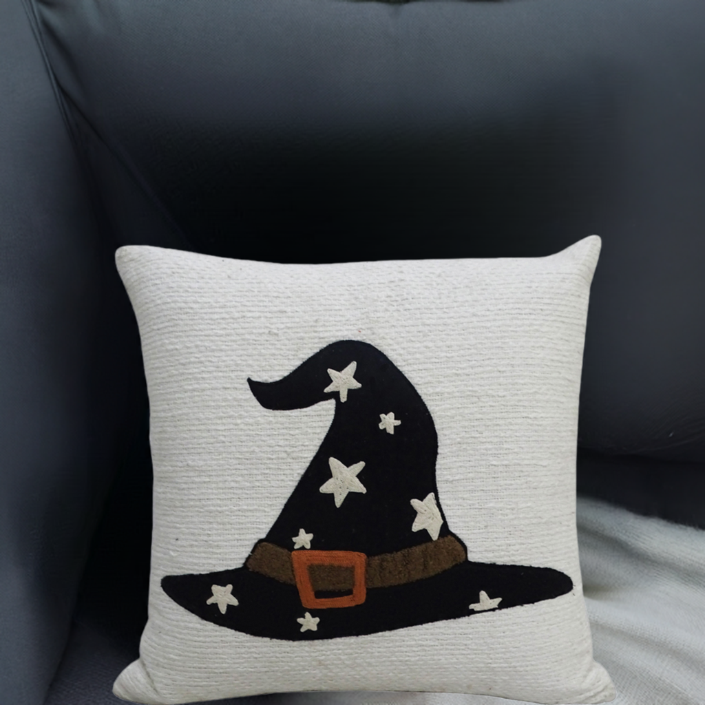 Vibhsa Halloween throw pillow 20x20 with black starry witch hat on beige textured fabric on Tampa Home & Garden Store