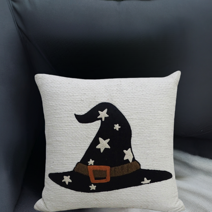 Vibhsa Halloween throw pillow 20x20 with black starry witch hat on beige textured fabric on Tampa Home & Garden Store