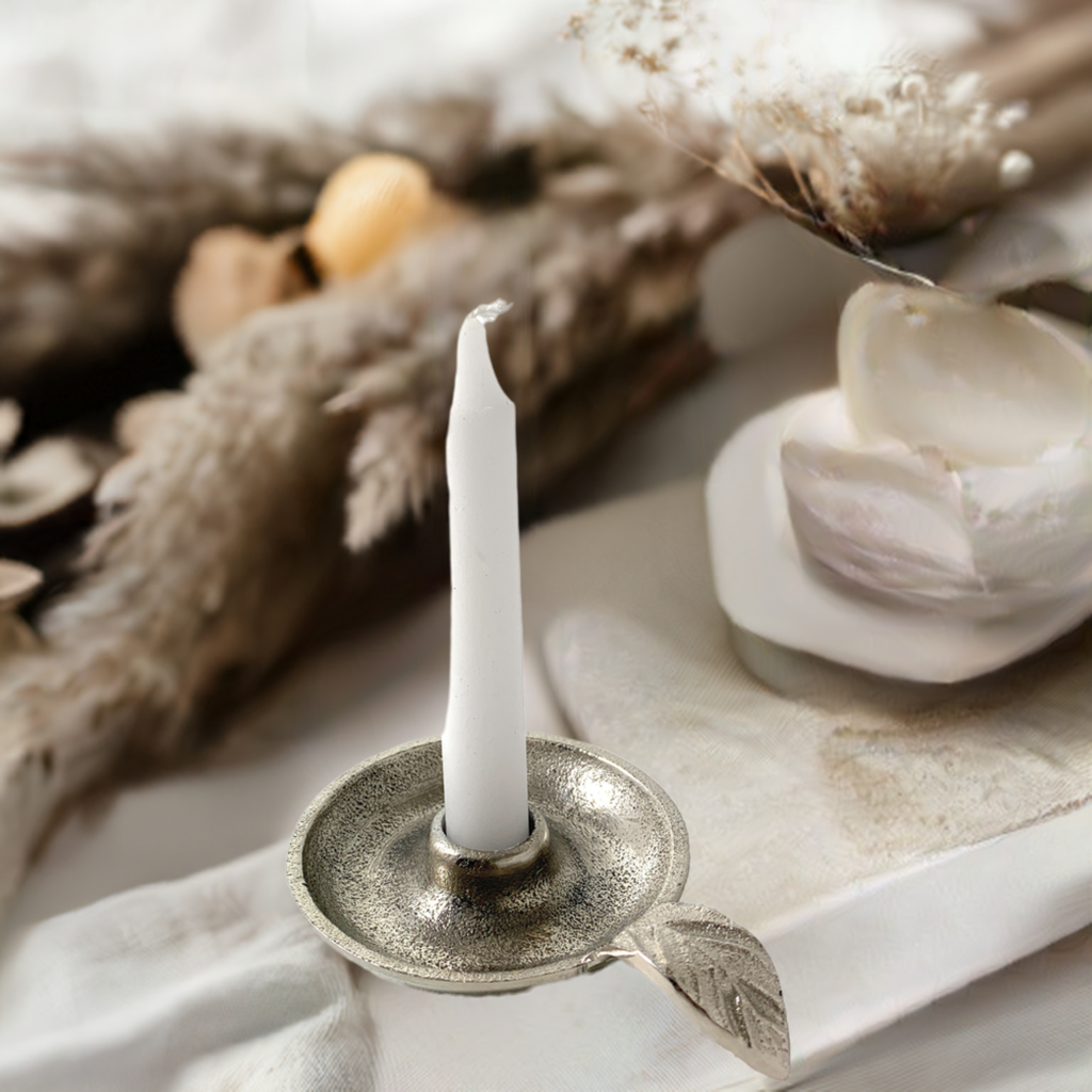 Vibhsa Taper Candlestick Holder Dish, silver finish, leaf handle on Tampa Home & Garden Store