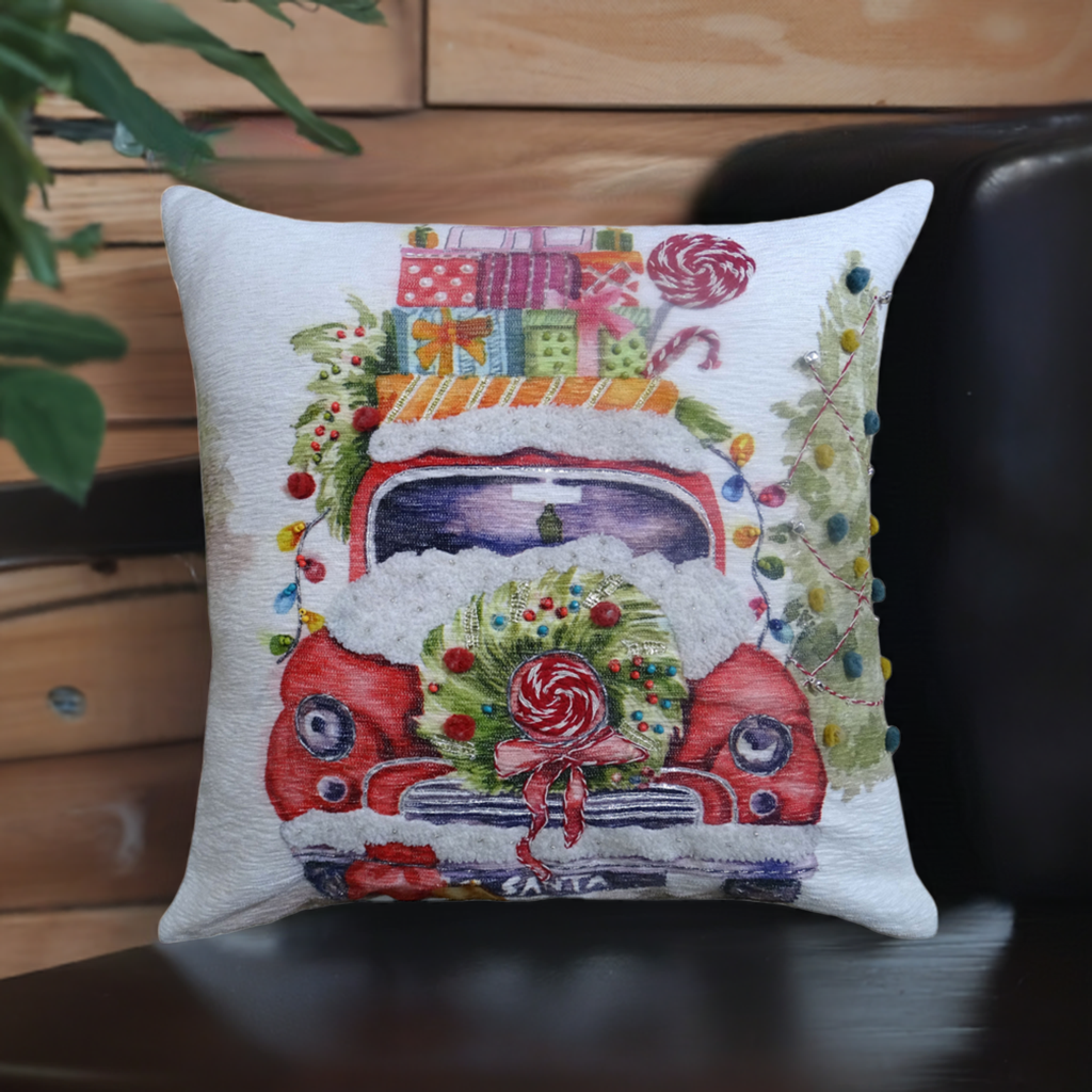 Vibhsa Christmas Embroidered Throw Pillow 20x20 white with red vintage truck and gifts on Tampa Home & Garden Store