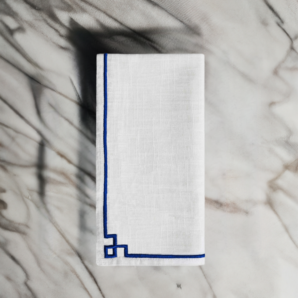 Vibhsa cotton table napkins white with blue embroidery border; set of 4, 20x20 on Tampa Home & Garden Store