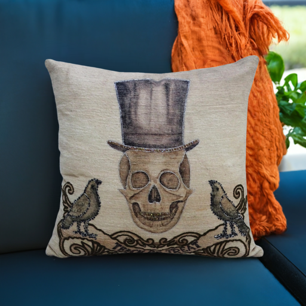 Vibhsa Halloween embroidered throw pillow 20x20 with skull and top hat design on beige on Tampa Home & Garden Store