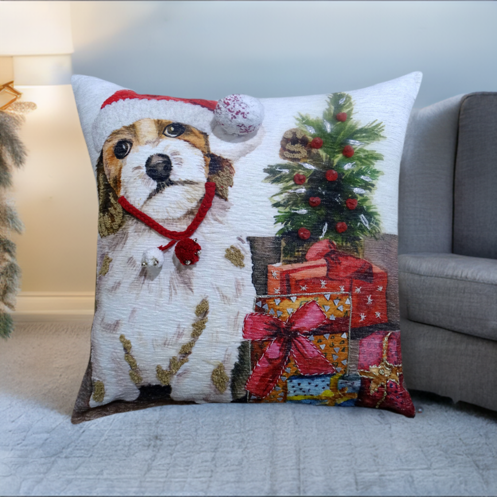 Throw pillow by Vibhsa, 20x20 Christmas scene with a beagle in a Santa hat beside gifts on Tampa Home & Garden Store