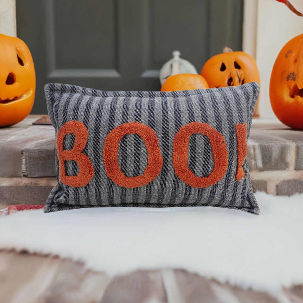 Vibhsa Halloween throw pillow striped gray with orange BOO text 14x24 inches on Tampa Home & Garden Store