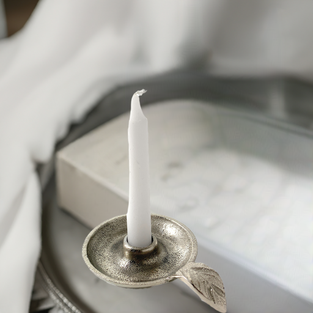Vibhsa Taper Candlestick Holder Dish with silver finish, leaf handle, handcrafted aluminum on Tampa Home & Garden Store