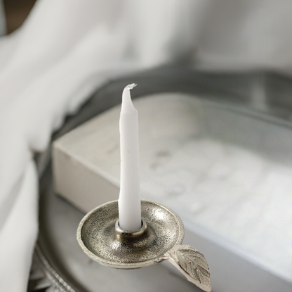Vibhsa Taper Candlestick Holder Dish with silver finish, leaf handle, handcrafted aluminum on Tampa Home & Garden Store