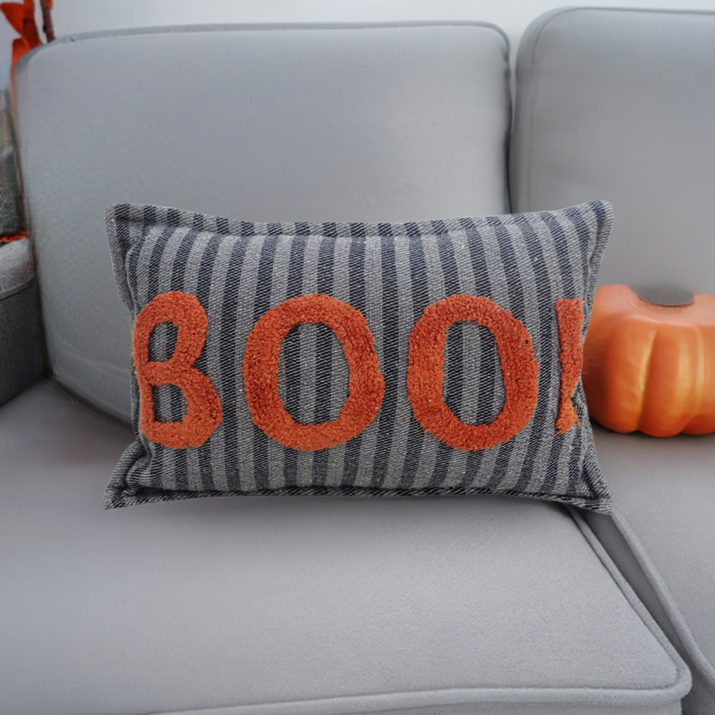 Vibhsa Halloween throw pillow with orange BOO! letters on blue-gray striped fabric on Tampa Home & Garden Store