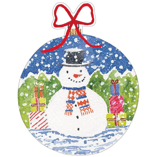 Snowman Gift Tag round ornament with blue snowy scene, red bow hanger, wrapped gifts on Tampa Home & Garden Store