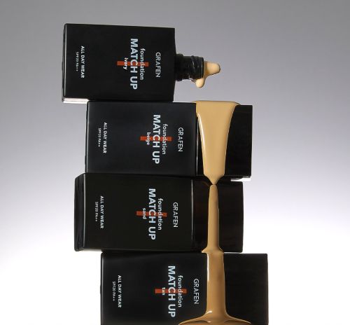 GRAFEN Match Up Foundation SPF20 PA++ for Men, four beige shade boxes with dripping foundation on top on Tampa Home & Garden Store