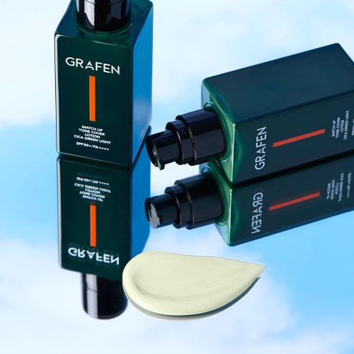 GRAFEN three green bottles Match Up Lotion SPF50+ 50ml, orange stripe, cream swatch on blue surface on Tampa Home & Garden Store