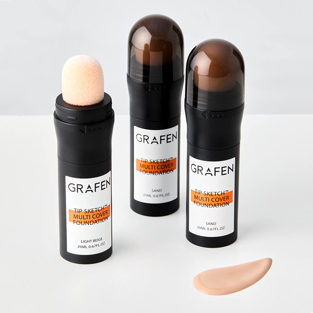 Grafen Tip Sketch Multi Cover Foundation trio bottles with brown domed caps, shades Sand and Light Beige on Tampa Home & Garden Store
